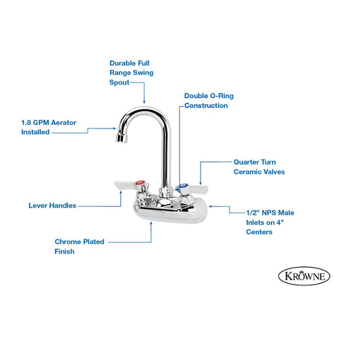 Krowne Metal 10-400L Silver Series 4" Center Wall Mount Faucet with 3-1/2" Gooseneck Spout