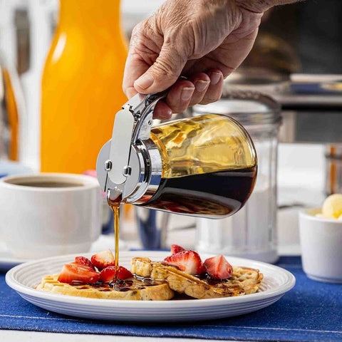 Tablecraft Products 1370 - 8 oz. Chrome Plated Metal Top Modern Glass Syrup and Dressing Dispenser