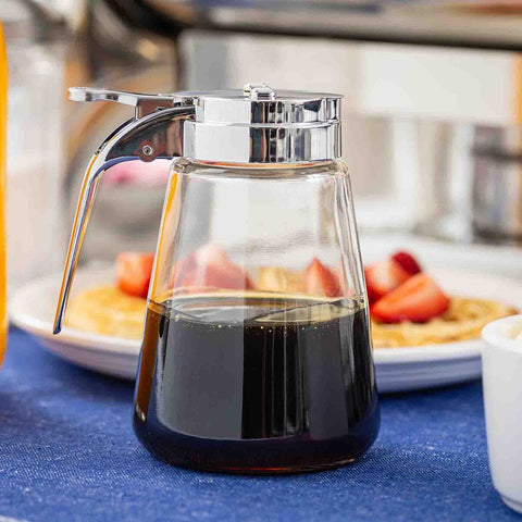 Tablecraft Products 1371 12 oz. Modern Glass Syrup Dispenser with Chrome-Plated Metal Top