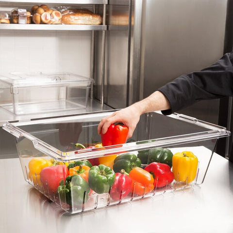 Cambro 18268CLRCW135 Camwear Full-Size 8" Deep Clear Polycarbonate Food Drain Box Colander