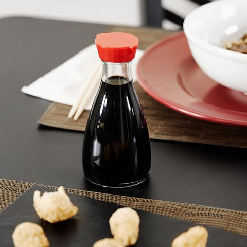 Town Equipment 19814 5 oz. Glass Soy Sauce Bottle with Red Cap