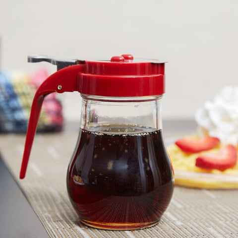 TableCraft Products 406RE Syrup Pourer, 6 oz Teardrop Glass Jar with Red ABS Top