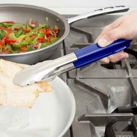 Vollrath 4780930 9.5-Inch One-Piece Scalloped Stainless Steel Tongs with Blue Kool-Touch Handle