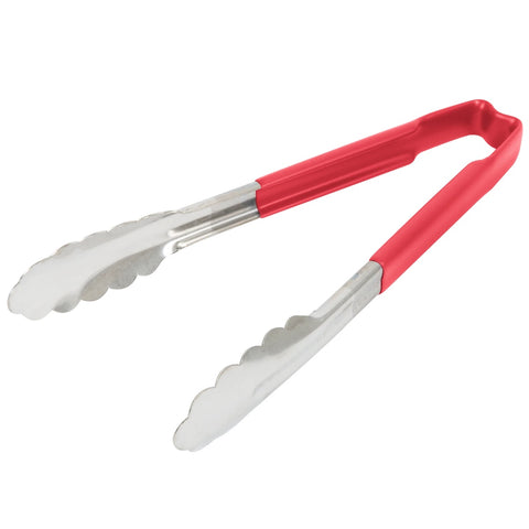 Vollrath 4780940 9.5" Stainless Steel One-Piece Scalloped Tongs with Red Kool-Touch Handle