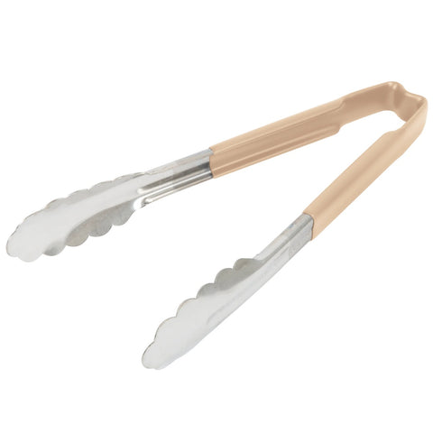 Vollrath 4780960 9.5" One-Piece Scalloped Stainless Steel Tongs with Tan Kool-Touch Handle