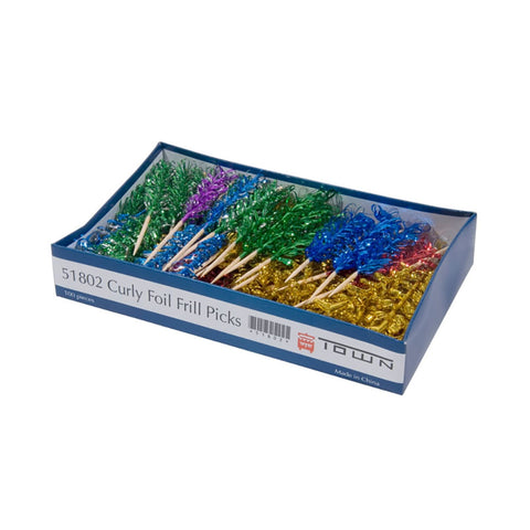 Town 51802 4" Wood Curly Foil Frill Picks, Assorted Colors, 100-Pack