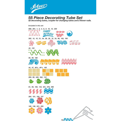 Ateco 783 55-Piece Cake Decorating Tube Set with Stainless Steel Tips, Coupler, and Flower Nails
