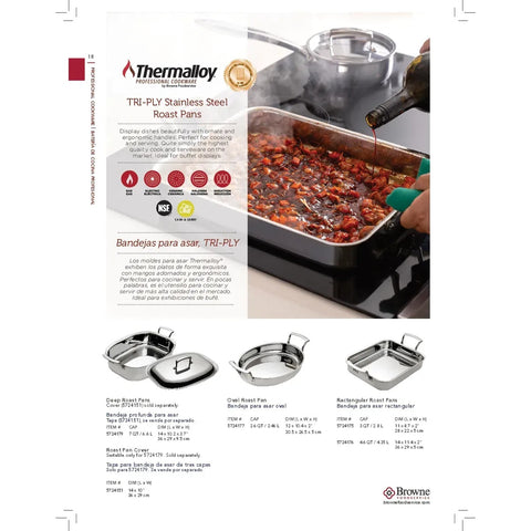 Browne USA Foodservice 5724176 Thermalloy Tri-Ply Stainless Steel Rectangular Roast Pan, 4.6 Qt