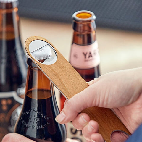 Franmara 6055-BU Stainless Steel Bottle Opener with Natural Cherry Wood Overlay