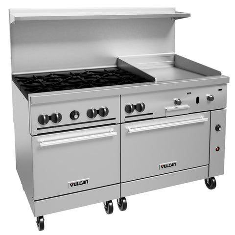Vulcan 60SS-6B24GN 60 in Natural Gas Range with 6 Burners, 24 in Manual Griddle, and 2 Ovens (278,000 BTU)