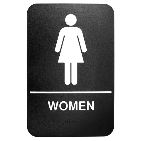TableCraft Products 695634 Women's Restroom ADA Braille Sign, 6 x 9, White on Black Plastic