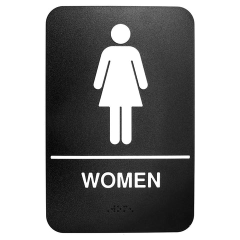 TableCraft Products 695634 Women's Restroom ADA Braille Sign, 6 x 9, White on Black Plastic