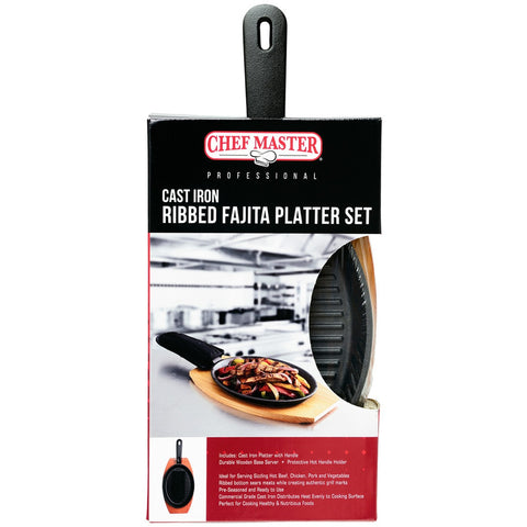 Chef Master 90201 Cast Iron Ribbed Fajita Platter Set, 3-Piece