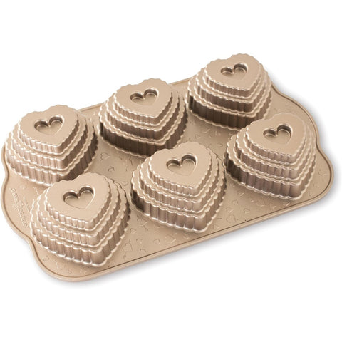 Nordic Ware 90937 Tiered Heart Cakelet Pan, 6-Cavity 3-Cup Cast Aluminum Bakeware