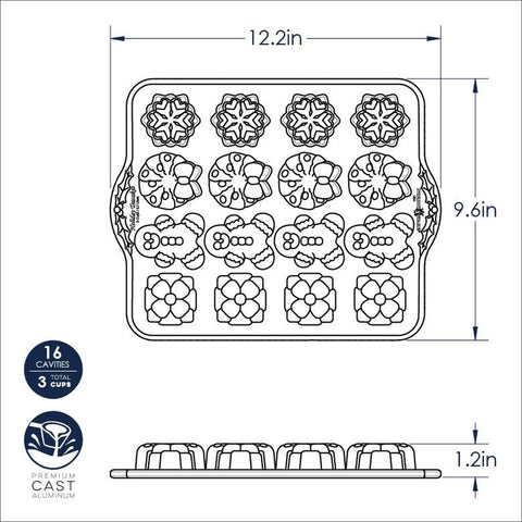 Nordic Ware 93748 Holiday Teacakes Cakelet Pan - 16 Cavity Cast Aluminum Nonstick Mini Cake Pan