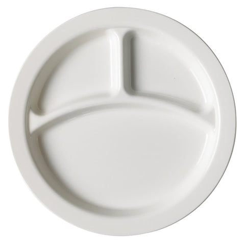Cambro 93CW148 Camwear 9" Round 3-Compartment Polycarbonate Dinner Plate, White