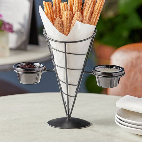 TableCraft ACR259 Vertigo Round Black Appetizer Wire Cone Basket with 2 Ramekins, 5" x 9"