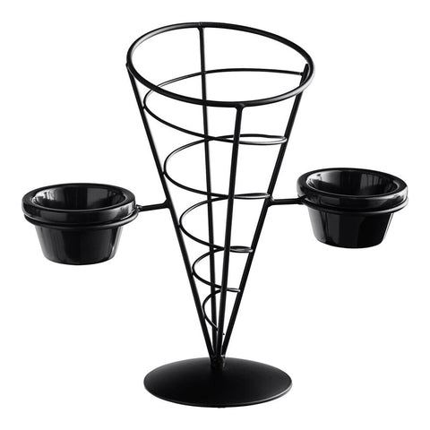TableCraft ACR259 Vertigo Round Black Appetizer Wire Cone Basket with 2 Ramekins, 5" x 9"