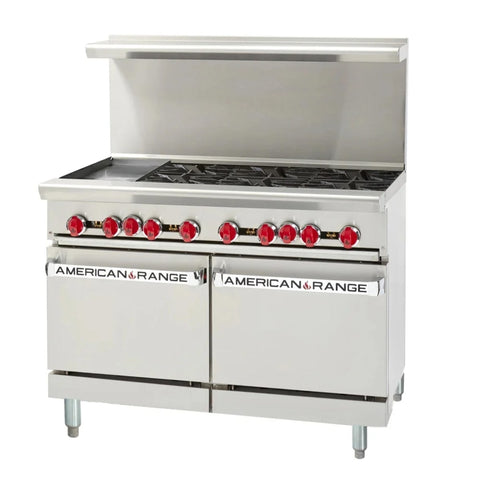 American Range AR-24G-4B 48 in 4 Burner Gas Range with 24 in Griddle and Double Space Saver Ovens