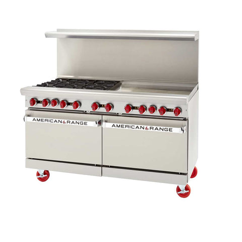 American Range AR-24G-6B 60 in Gas Restaurant Range with 6 Burners, 24 in Griddle, and 2 Standard Ovens