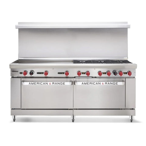 American Range AR-24G-8B-DSB NG 72 inch Gas Range with 8 Open Burners, 24 inch Left Griddle and (2) Storage Bases (Natural Gas)