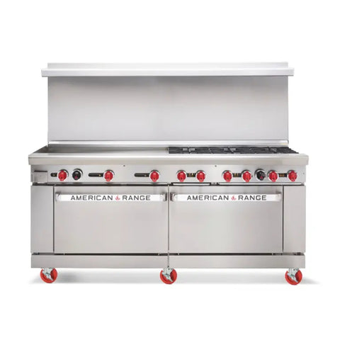 American Range AR-48G-4B 72 inch Gas Restaurant Range with 48 inch Griddle, 4 Open Burners and 2 Standard Ovens