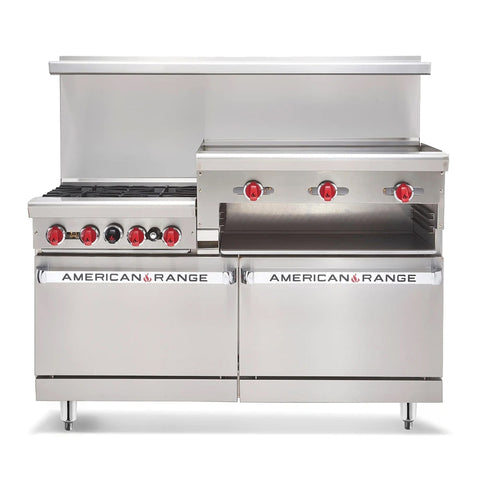 American Range AR-4B-24RG 48 in Gas Restaurant Range with 4 Open Burners, 24 in Raised Griddle/Broiler, and (2) Space Saver Ovens