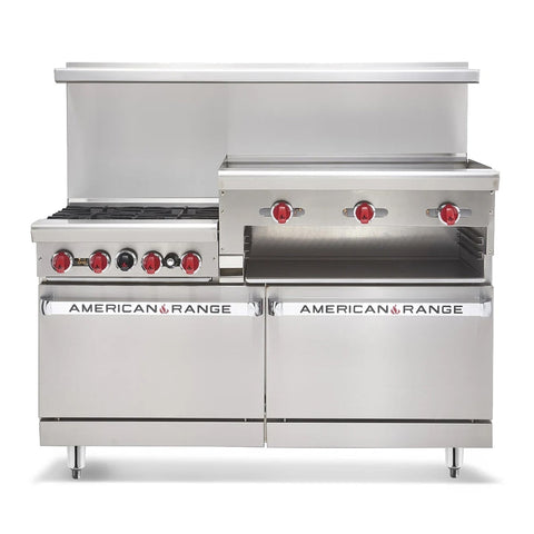American Range AR-4B-36RG 60 in Gas Restaurant Range with 4 Open Burners, 36 in Raised Griddle/Broiler and Double Ovens