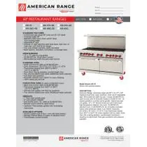 American Range AR-60G 60 in Gas Restaurant Range with Full Griddle and (2) Standard Ovens