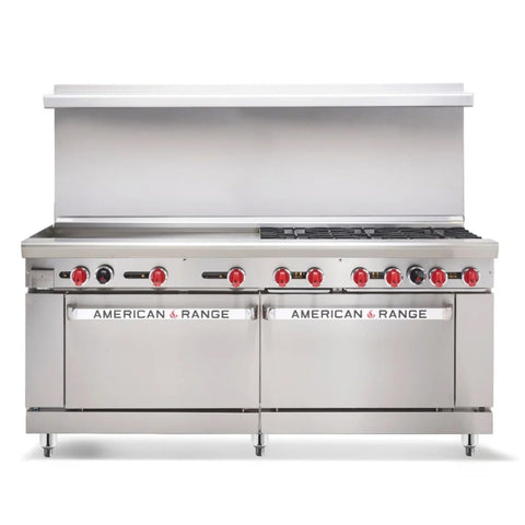 American Range AR-8B-24RG 72 in 8-Burner Gas Range with 24 in Raised Griddle/Broiler and Double Standard Ovens