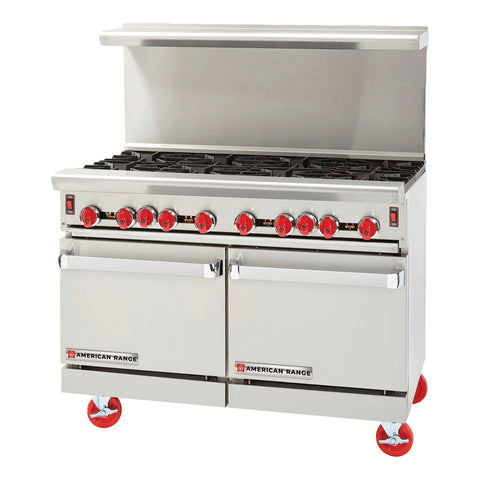 American Range ARGF-8 Green Flame 48 inch 8-Burner Gas Restaurant Range with (2) Space Saver Ovens