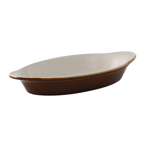 Tuxton China B1N-080 8 oz. Oval Ceramic Welsh Rarebit, Caramel/Eggshell