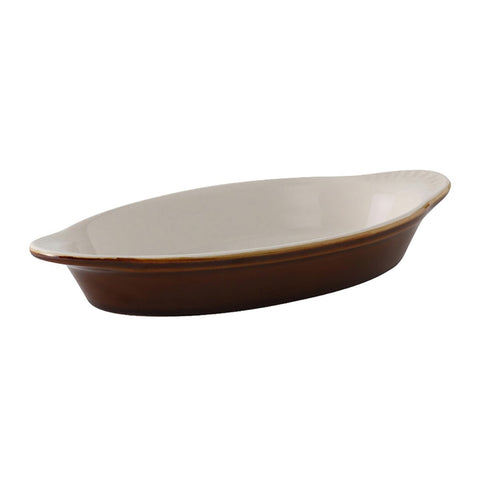 Tuxton China B1N-080 8 oz. Oval Ceramic Welsh Rarebit, Caramel/Eggshell