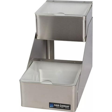 San Jamar B4702INL 2-Compartment Two-Tier Stainless Steel Condiment Center with Notched Lids