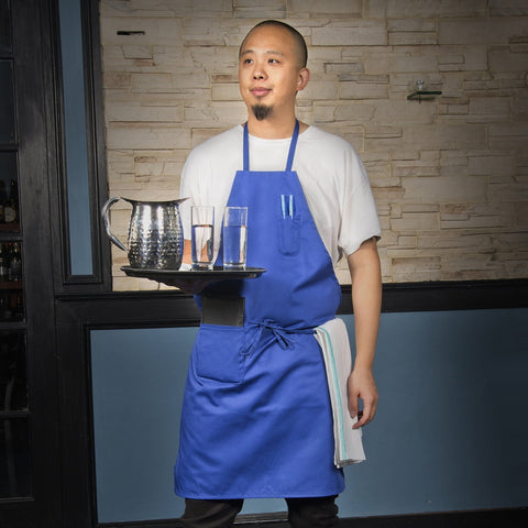 Winco BA-PBL Full-Length Blue Bib Apron with Pockets, 33" x 26"