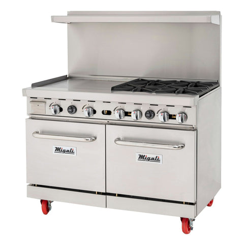 Migali Industries C-RO4-24GL-LP 48" 4-Burner Liquid Propane Gas Range with 24" Left-Side Griddle and Dual Standard Ovens