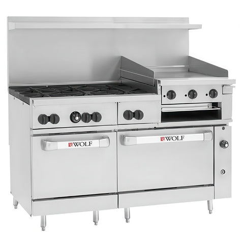 Wolf C60SS-6B24GBP 60 Inch LP Gas Range with 6 Burners, 24 Inch Right Griddle/Broiler and 2 Standard Ovens