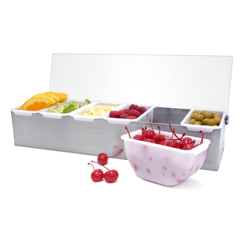 Winco CDP-6 6-Compartment Bar Garnish Station with Stainless Steel Base and Hinged Lid