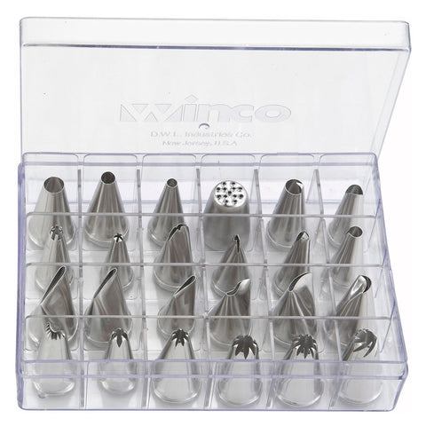 Winco CDT-24 Cake Decorating Set, 24-Piece 18/8 Stainless Steel Piping Tips with Storage Box