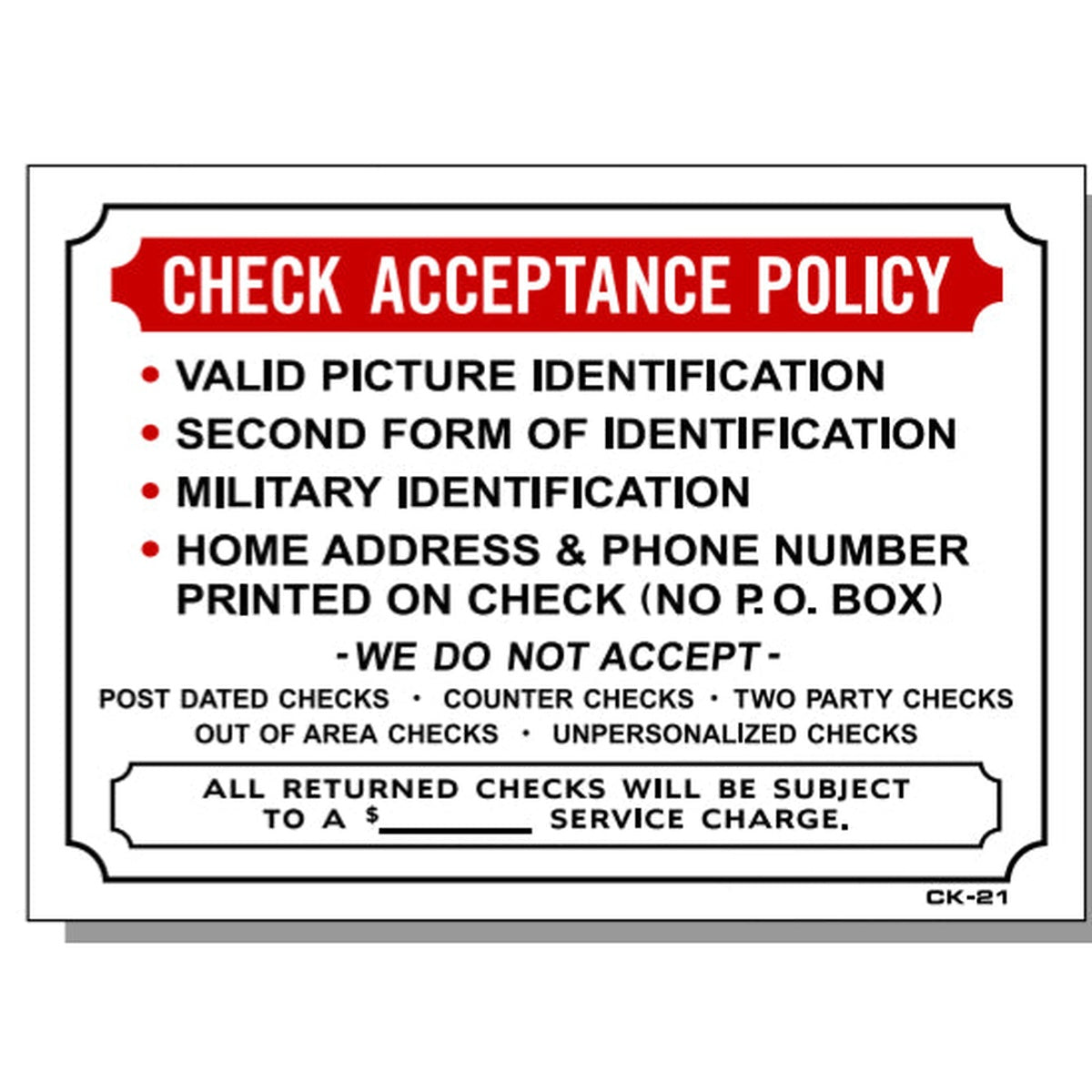 T&J Signs CK-21 Check Acceptance Policy Sign, 10