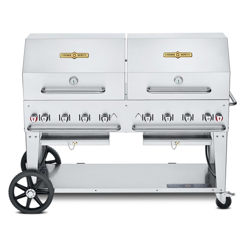 Crown Verity CV-MCB-60RDP-NG Mobile Natural Gas Outdoor Charbroiler Grill with Water Pan and Roll Domes