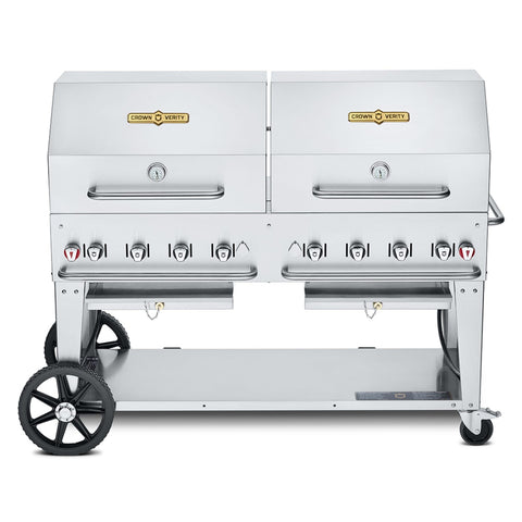 Crown Verity CV-MCB-60RDP-NG Mobile Natural Gas Outdoor Charbroiler Grill with Water Pan and Roll Domes