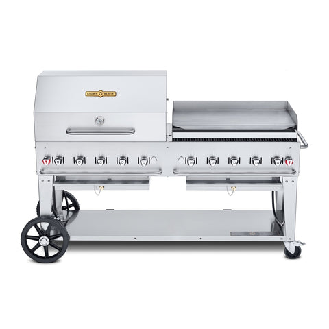 Crown Verity CV-MCB-72-SI-BULK-RGP Mobile LP Gas Outdoor Charbroiler Grill with Griddle and Roll Dome