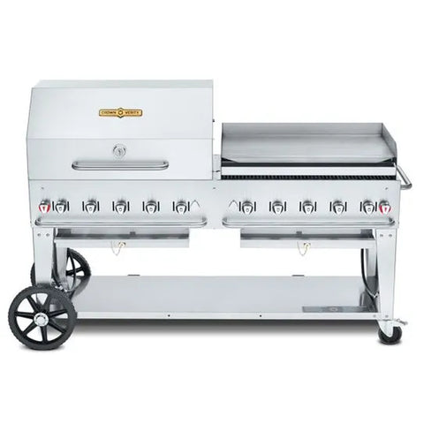 Crown Verity CV-MCB-72-SI50/100-RGP 72 in Mobile Outdoor Gas Grill with Griddle and Roll Dome Package (LP, 50/100 lb Tank Ready)