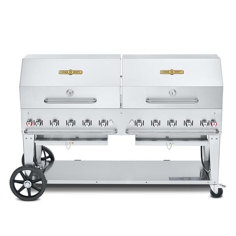 Crown Verity CV-MCB-72RDP-NG Mobile Outdoor Natural Gas Charbroiler Grill w/ Water Pan & 2 Roll Dome Lids