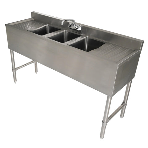 Enhanced SS & Equipment E-BAR3B60-LR 60" 3-Bowl Under Bar Sink with Left and Right Drainboards