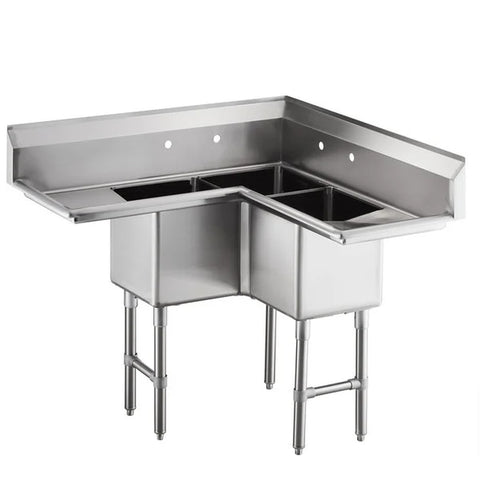 Enhanced SS & Equipment E-CS3181814-18LR-316 Corner Sink 3-Compartment with Right/Left Drainboards
