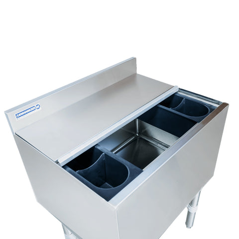 Enhanced SS & Equipment E-IB213012 Under Bar Ice Bin 21"x30"x30"H with 3" Backsplash, SS Legs and Bottle Holders