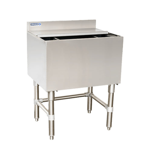 Enhanced SS & Equipment E-IB213012 Under Bar Ice Bin 21"x30"x30"H with 3" Backsplash, SS Legs and Bottle Holders