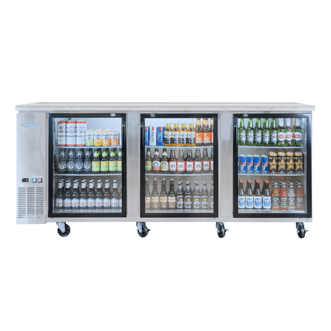 Enhanced Refrigeration EBB-4G-SS-HC 90" W x 27" D Refrigerated Back Bar Cooler with Stainless Steel Exterior and 3 Glass Doors